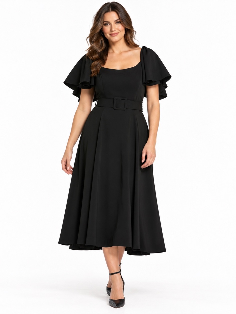 Mac Duggal 20977 Black Ruffle Sleeve Belted Midi Dress NWT 10